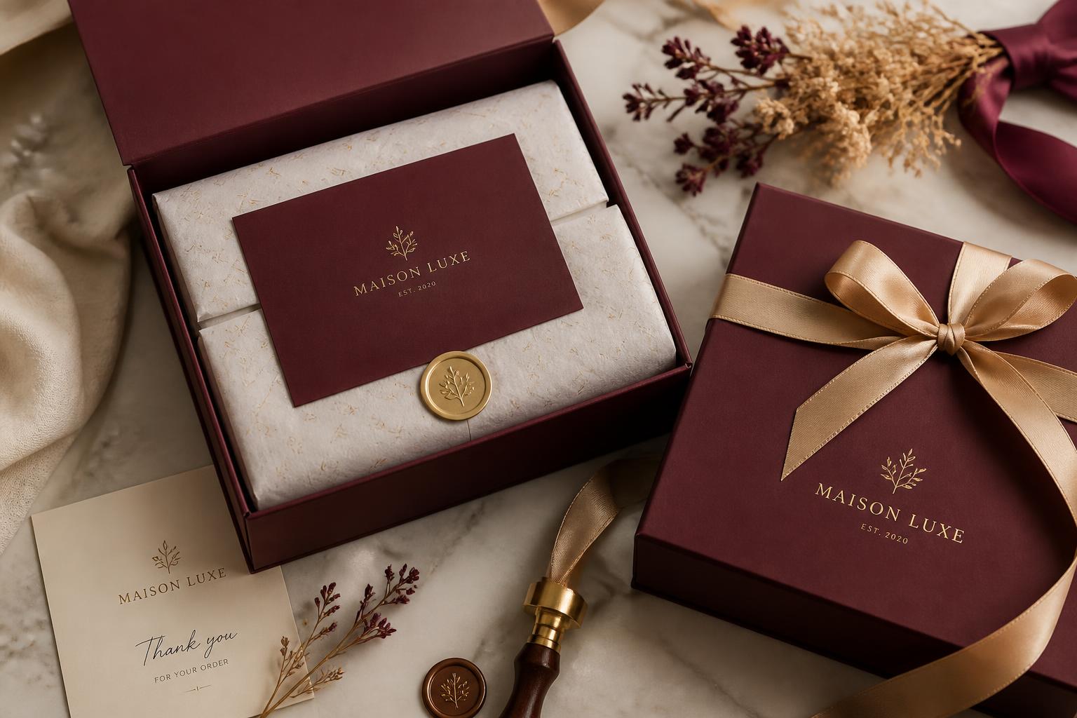 Embalagem presente da LLQ Lalique em burgundy com laço dourado